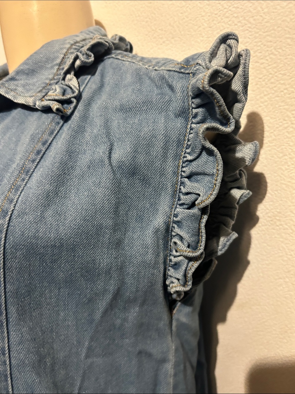 Olivaceous Light Blue Denim Ruffle-Sleeve Button Front Dress - Picture 6 of 9